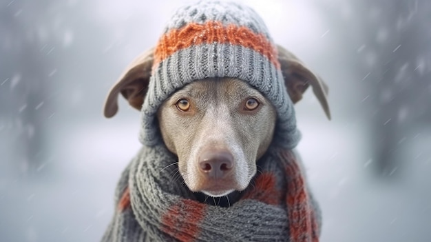 Portret van een winterhond die in de sneeuw loopt Hond in muts en sjaal koude gegenereerde ai