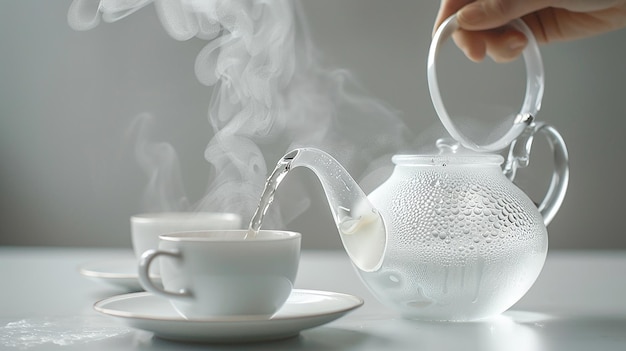 Portret van een witte glazen theepot die overstroomt met thee