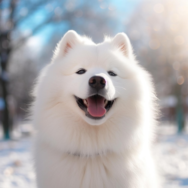 Portret van een witte Samoedehond De Samoedehund maakt een verscheidenheid aan stoute en lieve gelukkige en droevige ervaringen