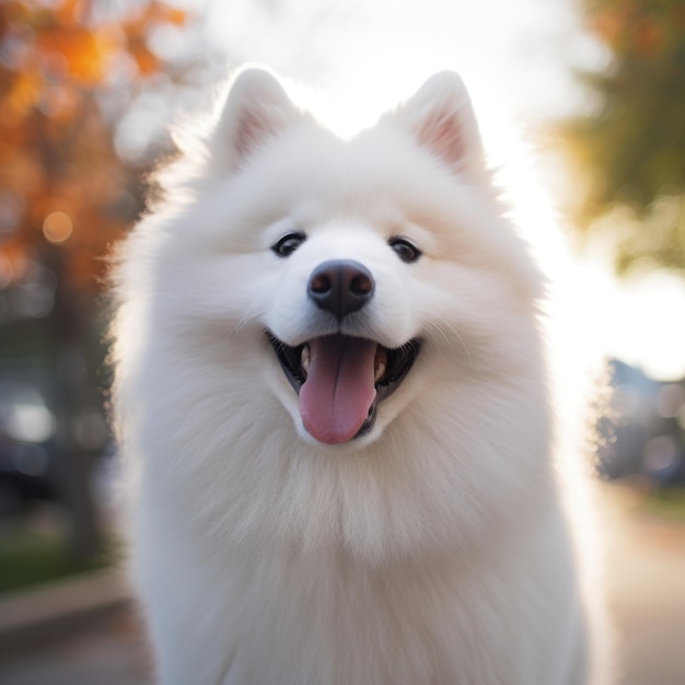 Portret van een witte Samoedehond De Samoedehund maakt een verscheidenheid aan stoute en lieve gelukkige en droevige ervaringen