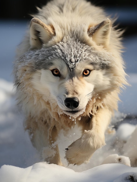 Portret van een witte wolf die in de sneeuw rent