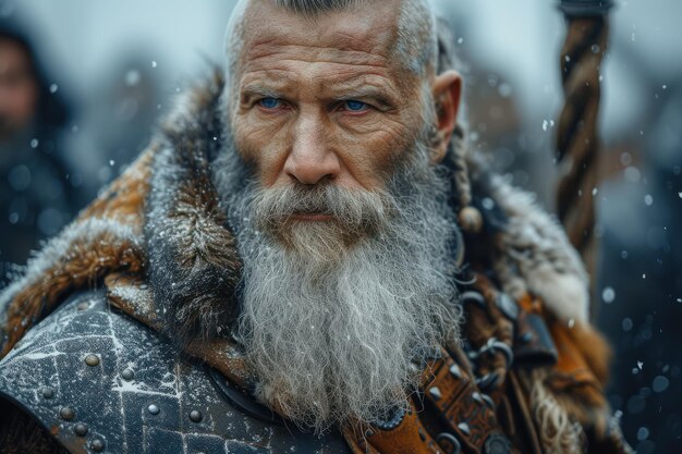 Foto portret van een woeste oude viking met een zwaard extreme close-up generatieve ai