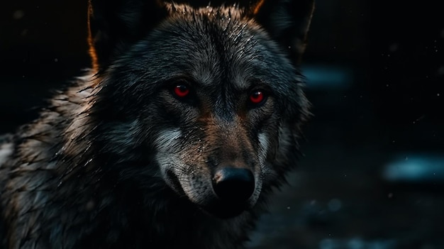 Portret van een wolf met rode ogen in het bos bij nachtgeneratieve ai