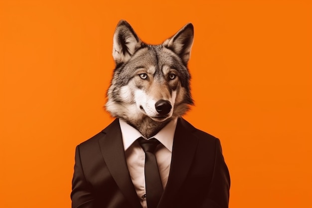 Portret van een wolfhond in een pak op een witte achtergrond generatieve ai