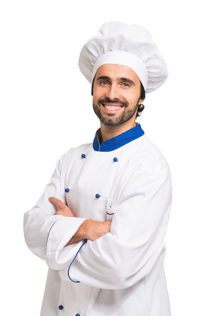 Portret van een zekere die chef-kok op wit wordt geïsoleerd