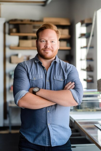 Foto portret van een zelfverzekerde eigenaar van een klein bedrijf die in zijn kantoor staat