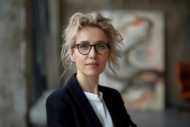 Portret van een zelfverzekerde en professionele vrouwelijke CEO in haar s of s met een stijlvolle houding Concept Portretfotografie Vrouwelijke CEO Professionele stijl Zeker uitziende leeftijd s of s