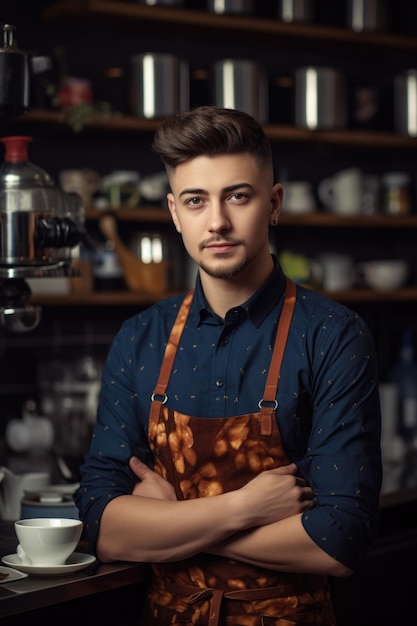 Portret van een zelfverzekerde jonge barista in de keuken van een café gemaakt met generatieve AI