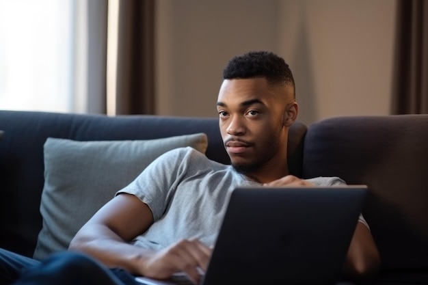 Portret van een zelfverzekerde jonge man die zijn laptop gebruikt terwijl hij thuis op zijn bank ontspant