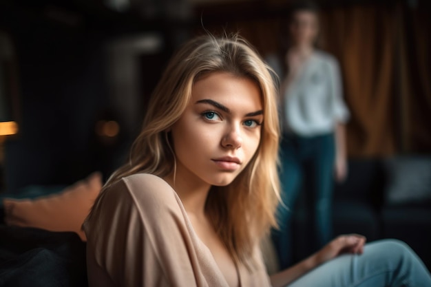 Portret van een zelfverzekerde jonge vrouw die binnen ontspant met haar vriend op de achtergrond