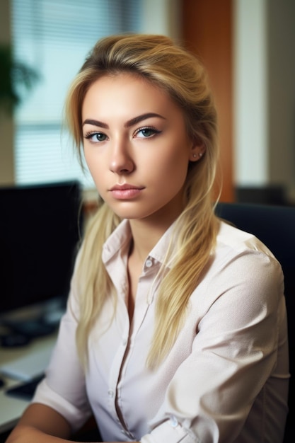 Portret van een zelfverzekerde jonge vrouw die werkt op een computer in haar kantoor gemaakt met generatieve AI