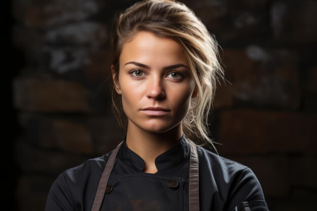 Foto portret van een zelfverzekerde jonge vrouwelijke chef-kok in een zwart uniform die in een commerciële keuken staat