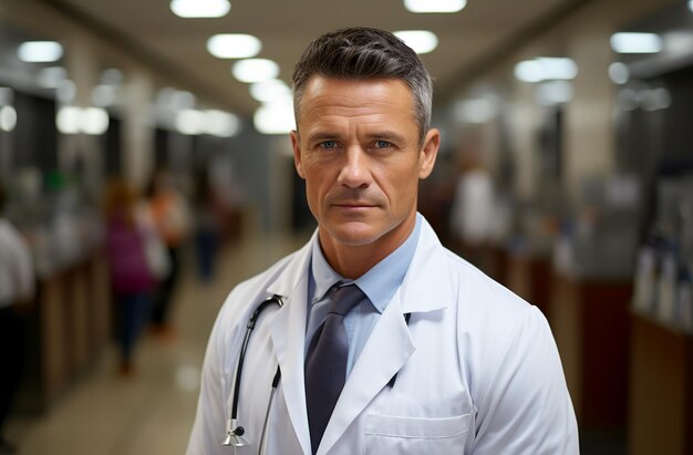 Portret van een zelfverzekerde mannelijke arts in een witte jas die in de gang van het ziekenhuis staat