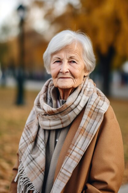 Portret van een zelfverzekerde senior vrouw die geniet van haar dag in het park gemaakt met generatieve AI