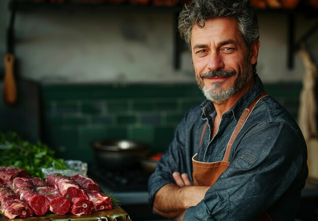 Foto portret van een zelfverzekerde volwassen slager die met zijn armen gekruist voor een tafel met vers vlees in de slagerij staat