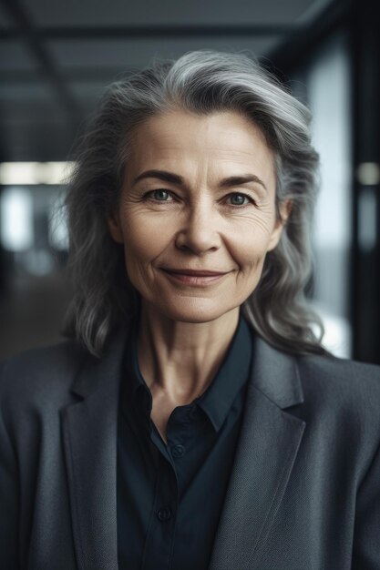 Portret van een zelfverzekerde vrouw van middelbare leeftijd in een pak die glimlachend poseert in de lobby van zijn onderneming