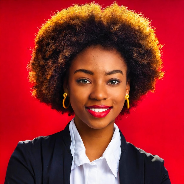 Portret van een zelfverzekerde zwarte Amerikaanse vrouw met afro-haar op rode achtergrond