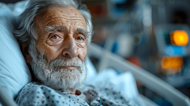 Portret van een zieke oudere man die in een ziekenhuisbed ligt en naar de camera kijkt