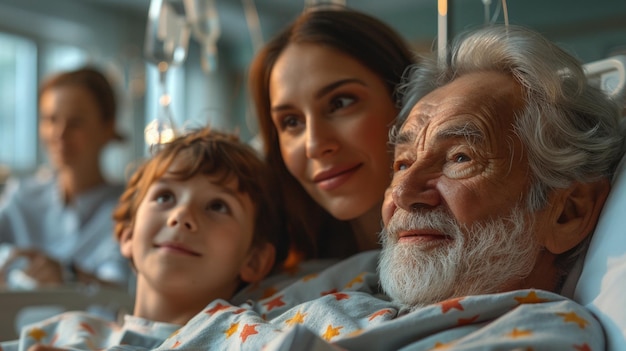 Portret van een zieke oudere man en zijn familie in het ziekenhuis