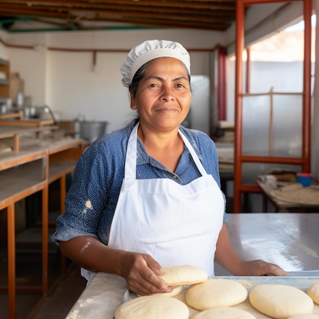 Portret van een Zuid-Amerikaanse vrouwelijke bakker in de jaren vijftig bij de bakkerij