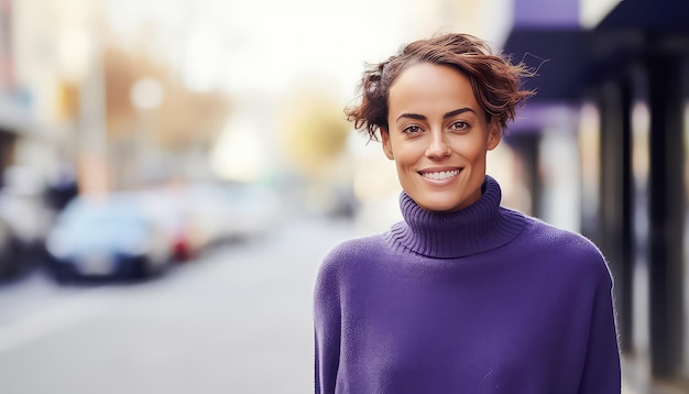 Portret van een zwarte afro-vrouw in een paarse trui voor Wereldkankerdag