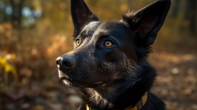 Portret van een zwarte Australische Kelpie-hond die omhoog kijkt en de natuur wazige achtergrond staart