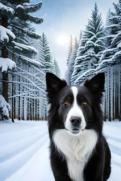 portret van een zwarte border collie met een schattige beanie in een bos bedekt met sneeuw