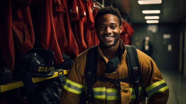 Portret van een zwarte brandweerman die in het zoek- en reddingsveiligheidsconcept van de kleedkamer staat