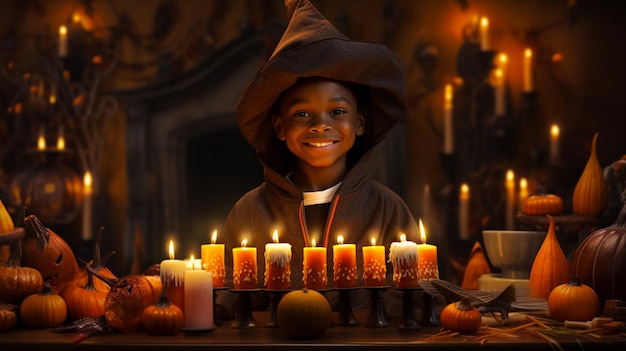 Portret van een zwarte jonge jongen die lacht in een sfeervolle Halloween-omgeving Gelukkig Afrikaans kind
