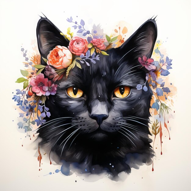 Portret van een zwarte kat met een krans van bloemen.