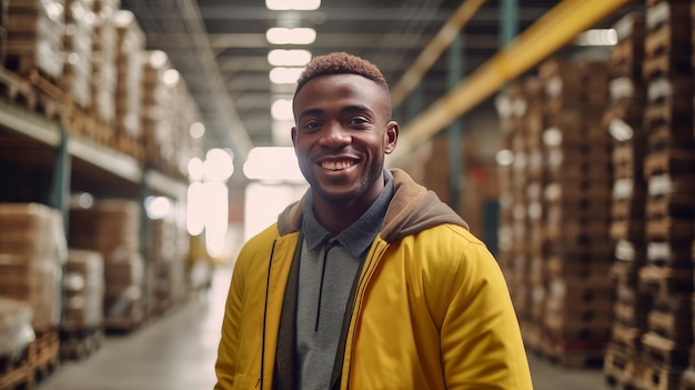 Portret van een zwarte man die glimlacht en in een industriële, moderne fabriek staat