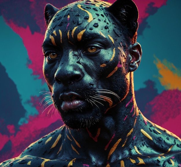 Portret van een zwarte panter met een geschilderd gezicht op een kleurrijke achtergrond