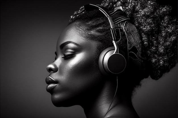 Portret van een zwarte vrouw die in profiel naar muziek luistert Generatieve AI