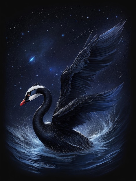 Portret van een zwarte zwaan op een zwarte achtergrond