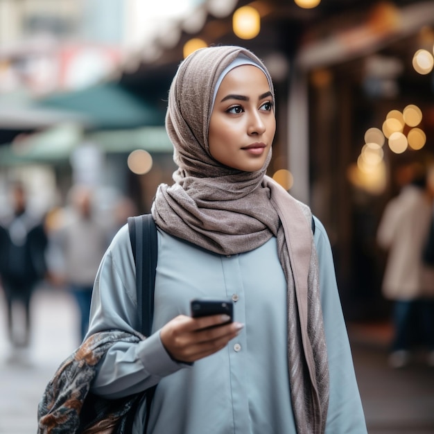 Portret van elegante jonge Maleisische vrouw met slimme telefoon buiten generatieve AI