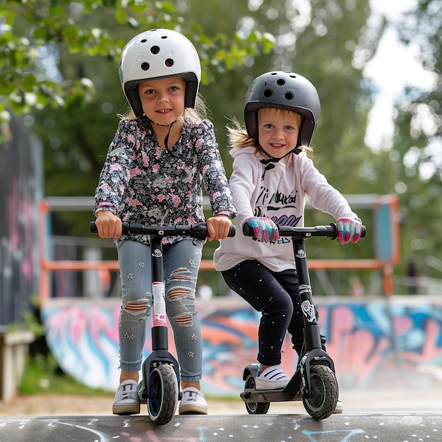Portret van energieke rijders Kinderen scooter avonturen