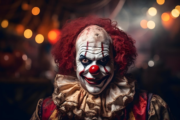 Portret van eng griezelig clownmonster uit horrorfilm met vintage circus op de achtergrond