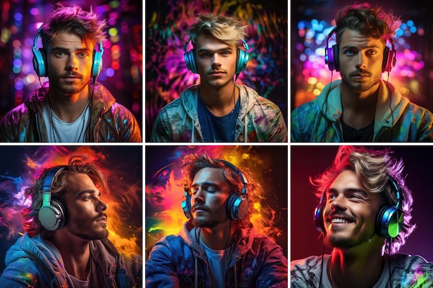 Portret van Europese mannen met verschillende haarkleuren in hoofdtelefoons, luisterend naar muziek op neonachtergrond