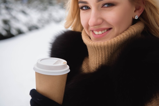 Portret van europese stijl modieuze vrouw koffie drinken in winter park