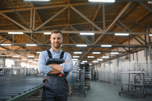 Portret van fabrieksarbeider Jonge knappe fabrieksarbeider