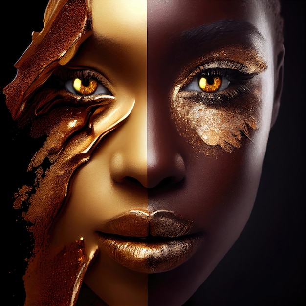 portret van fictieve, niet echte Afrikaanse vrouw in goud en zwarte kleuren gemaakt met Generative AI