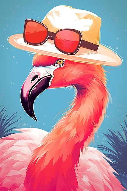 Portret van Flamingo met zonnehoed met coole houding Wadend in Vintage Poster 2D Flat Design Art