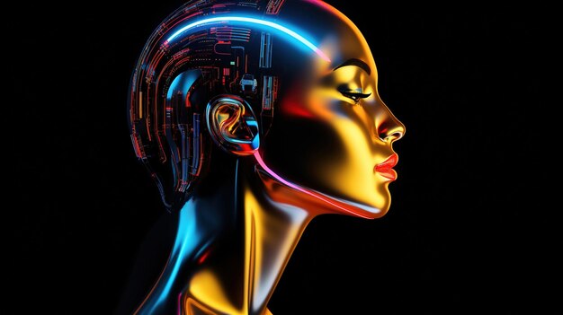 Portret van futuristische vrouwelijke humanoïde robot op zwarte achtergrond Futuristische technologie concept Karakter van videogames