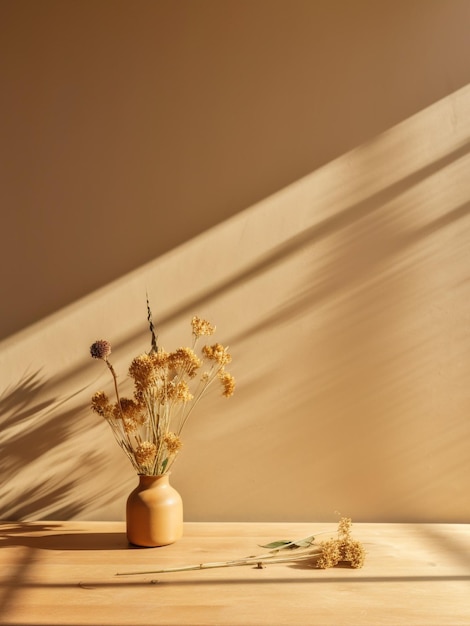 Portret van gedroogde bloemen in vaas op een houten tafel met kopieerruimte Generatieve AI