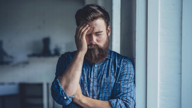 Portret van geïrriteerde vermoeide baarde blanke man facepalm voelen vermoeidheid en burn-out na het werken