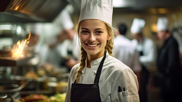 Portret van gelukkige chef-kok die in de keuken staat met de hand op de heup