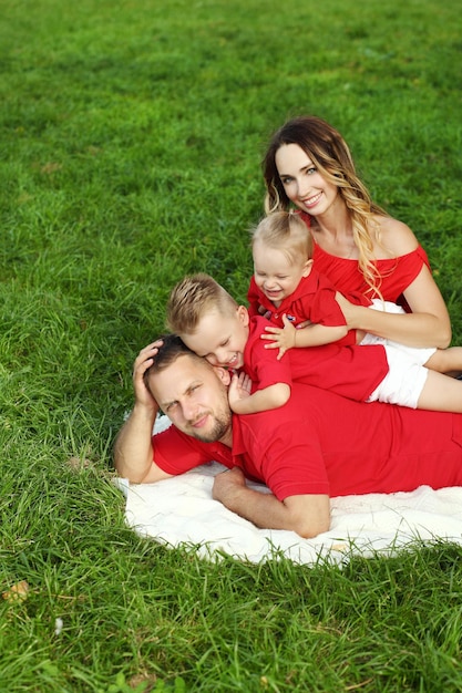 Portret van gelukkige familie van vier buiten op het gras