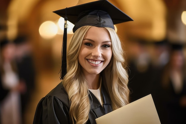 Portret van gelukkige gediplomeerde student in hoedenholdingsdiploma AI Generative