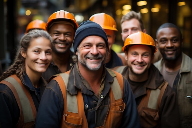 Portret van gelukkige industriële arbeiders die voor een bouwplaats staan