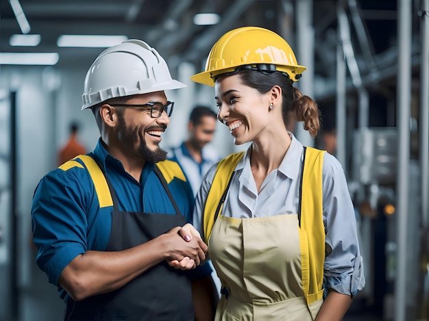 Portret van gelukkige industriële fabrieksarbeiders Professionele werker in een helm Dag van de arbeid concept met mensen AI Generative